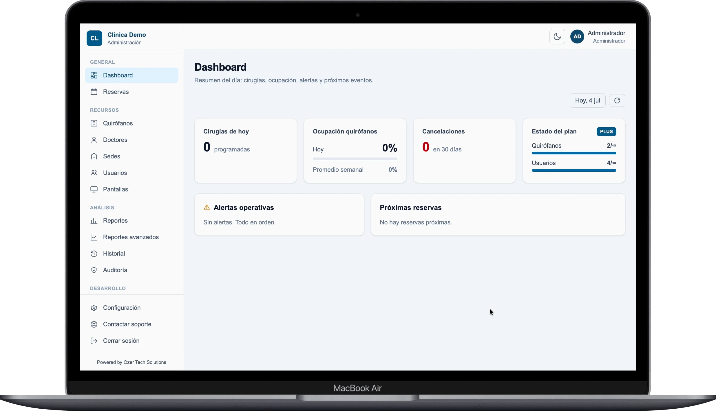 Dashboard de agenda quirúrgica de CiruFlow