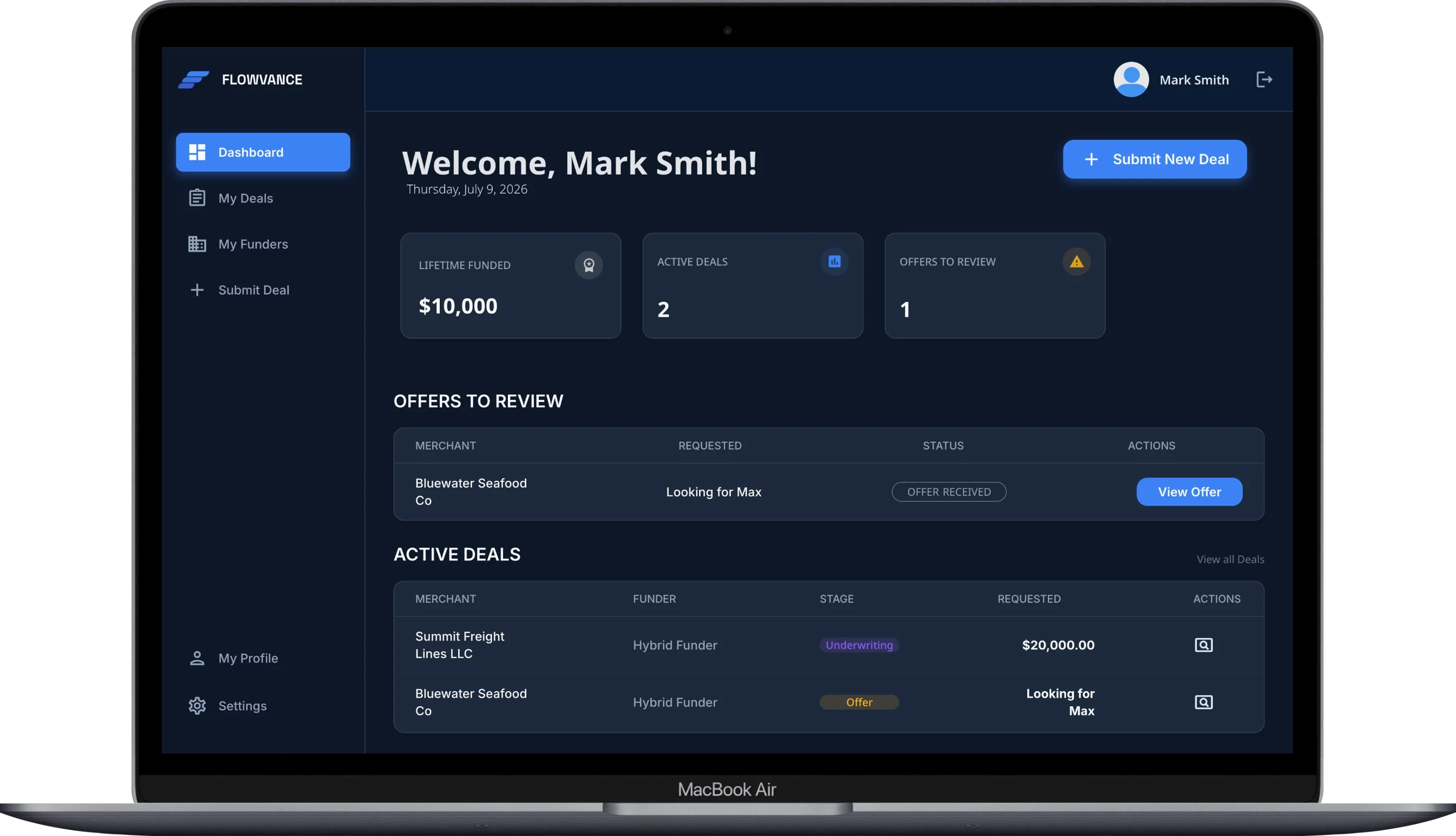 Dashboard del portal de brokers de Flowvance